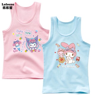 เสื้อยืดแขนกุด ผ้าฝ้าย แบบนิ่ม ลาย Sanrio Kuromi and Melody สําหรับเด็กผู้หญิง อายุ 3-14 ปี