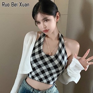 RUO BEI XUAN สตรีฤดูร้อนใหม่สไตล์เกาหลีสลิมลายสก็อตเสื้อสายเดี่ยวคอคล้องคอ