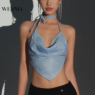 Weania ผู้หญิง เซ็กซี่ สายรัดตัดต่ํา โช้คเกอร์ เปิดหลัง ถังกลิตเตอร์