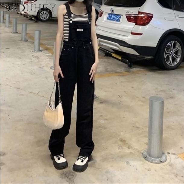 DaDuHey2026 Women's Korean-Style Loose Black High Waist Denim Suspender Pants Slimming and Straight Wide-Leg Draggle-Tail Trousers — صورة 7