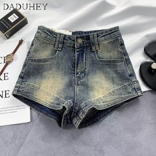 DaDuHey🎈 Women New American Style Ins High Street Retro Washed Denim Shorts Niche High Waist Hip-lifting Hot Pants