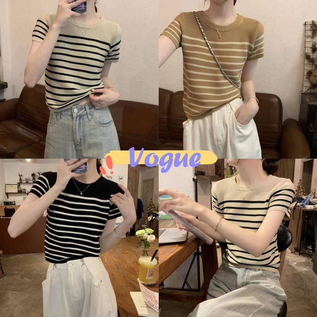 Vogue พร้อมส่ง เสื้อครอปไหมพรมแขนสั้น ลายทางยืดตามตัว (6Y032) -C -N