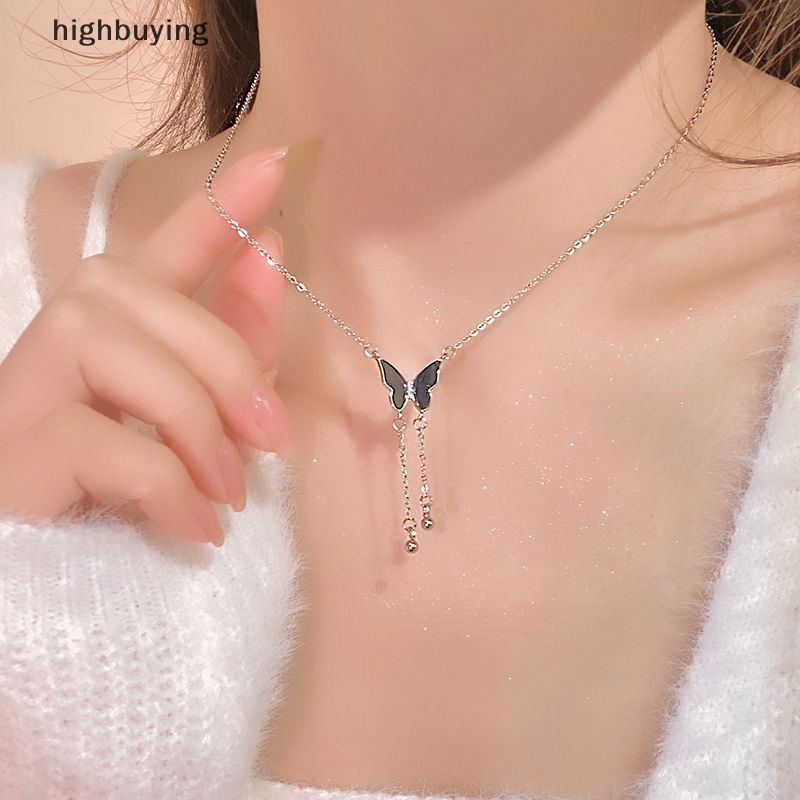 [highbuying] สร้อยคอโซ่ จี้รูปผีเสื้อ สีดํา ประดับพู่ เครื่องประดับแฟชั่น สําหรับผู้หญิง พร้อมส่ง