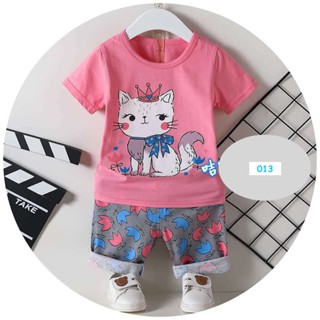 SNNG-013 ชุดเด็กผู้หญิงแขนสั้น ขาสั้น สีชมพูเข้มลายแมว Size-160 (9-10Y)