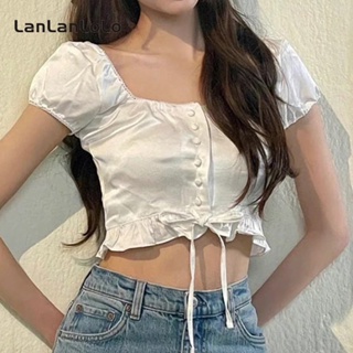 Lanlanlolo เสื้อยืดลําลอง คอกลม แขนพอง สีพื้น แฟชั่นสําหรับสตรี 2023