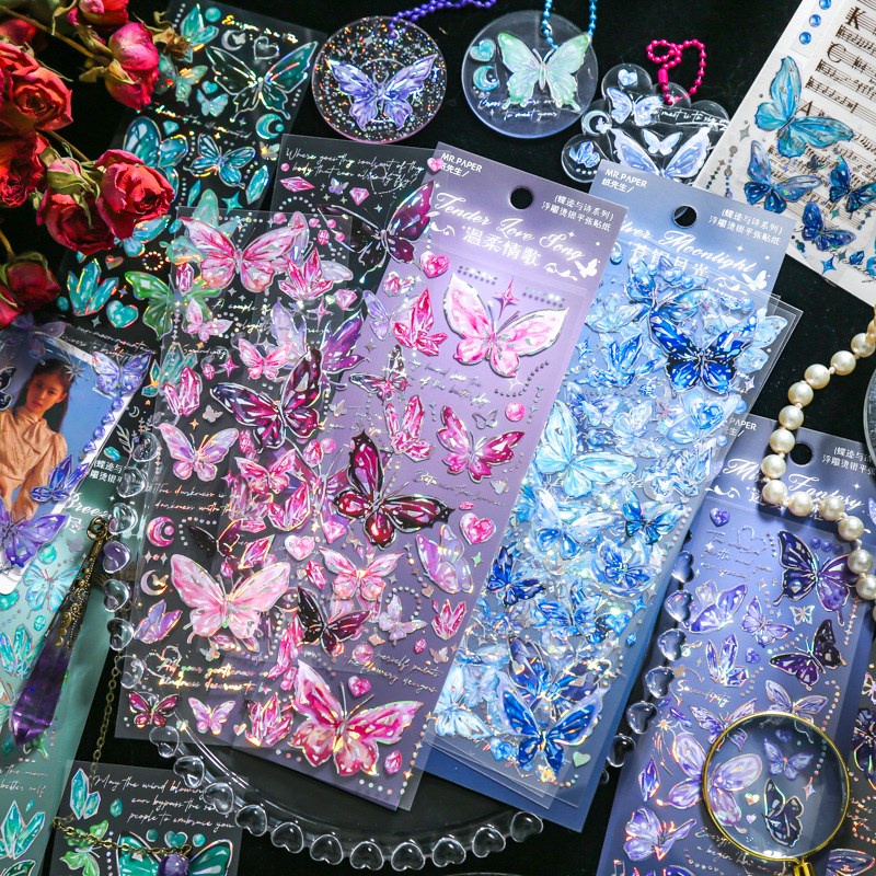 3 แผ ่ นผีเสื ้ อสติกเกอร ์ Art Collage Junk Journal DIY Scrapbooking PET กันน ้ ําหัตถกรรมความงามสติกเกอร ์