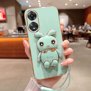  เคสโทรศัพท์มือถือ ลายการ์ตูนกระต่ายน่ารัก พร้อมสายคล้องมือ และขาตั้ง สําหรับ OPPOA38 OPPO A38 4G