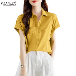 Zanzea เสื้อเชิ้ต แขนสั้น มีกระเป๋าด้านหน้า สีพื้น สไตล์เกาหลี สําหรับผู้หญิง