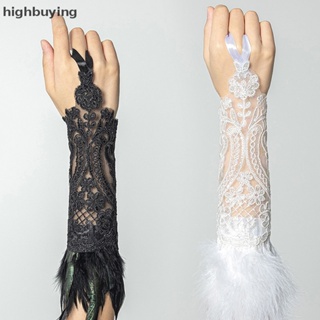 [highbuying] ถุงมือยาว ตาข่าย ลูกไม้ ประดับขนนก สไตล์โกธิค สําหรับผู้หญิง งานแต่งงาน ปาร์ตี้ฮาโลวีน พร้อมส่ง