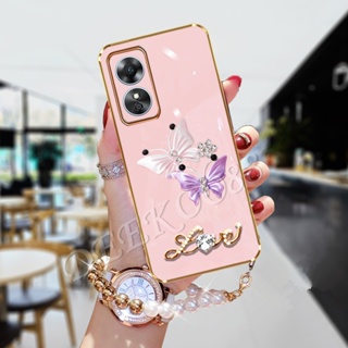 ใหม่ เคสโทรศัพท์มือถือแบบนิ่ม ลายผีเสื้อ ประดับเพชร ระยิบระยับ พร้อมสายคล้อง หรูหรา สําหรับ OPPO A58 A78 4G A58 2023