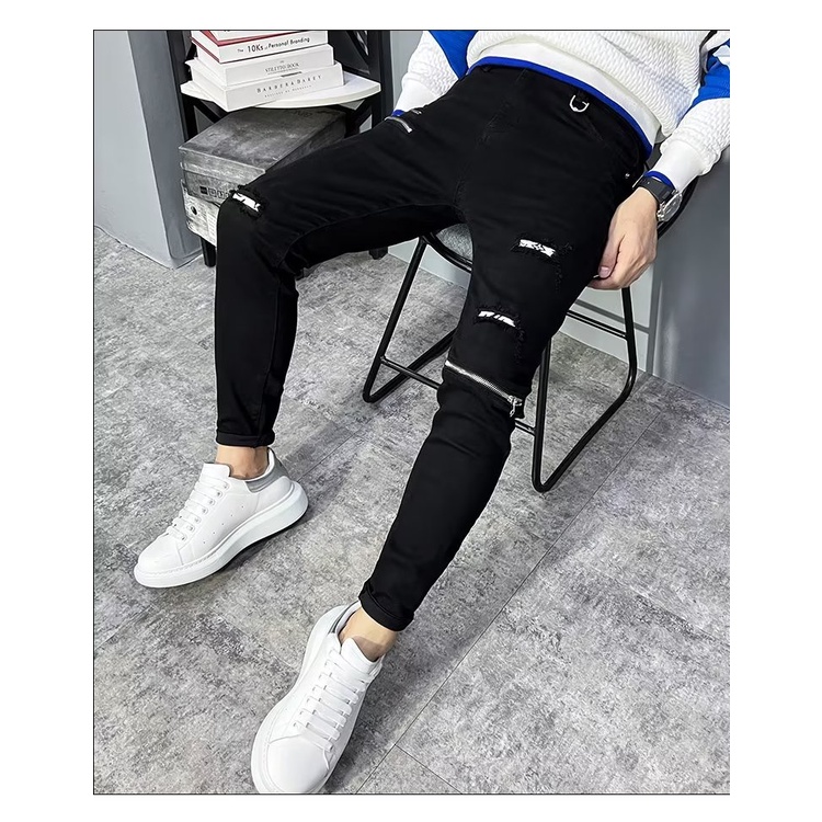 2024 กางเกงยีนส์ดีไซน์ซิป High Street สําหรับผู้ชาย Ripped Stretch