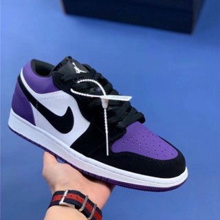 Kasut Lelaki รองเท้าผ้าใบบาสเก็ตบอล Air Jordan 1 Low Top Black and Purple Toes James Aj1 CGXF