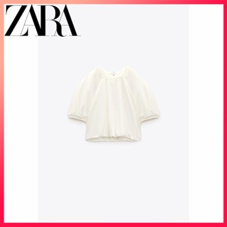 Zara ใหม่ เสื้อท็อปส์ แขนสั้น พัฟฟองน้ํา สําหรับผู้หญิง