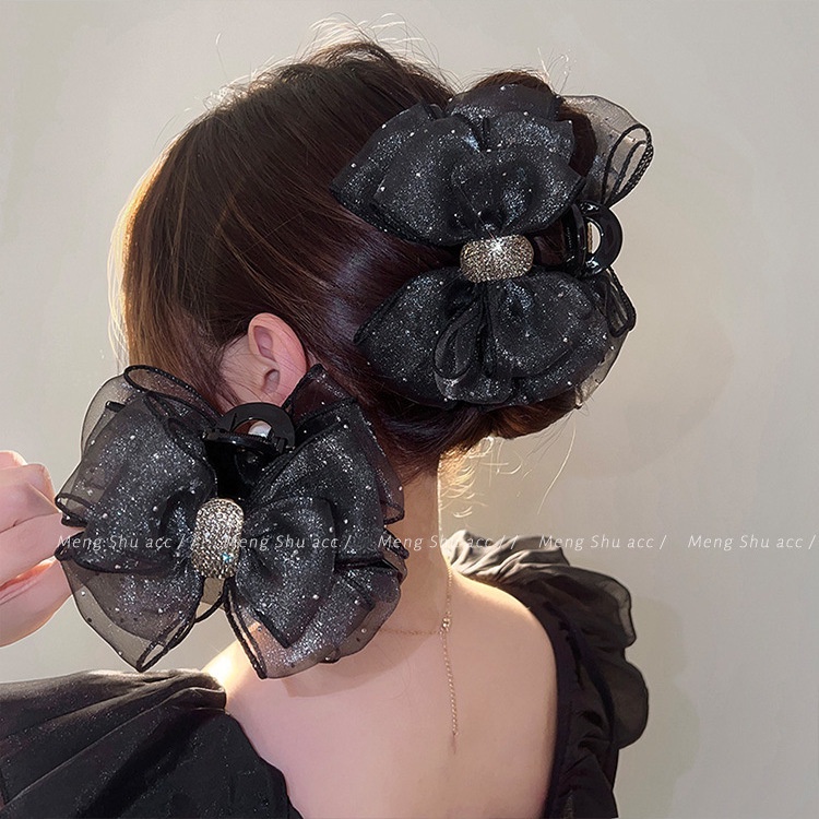 สวยหรู พลอยเทียม ตาข่ายสองด้าน โบว์ คลิป ด้านหลังของศีรษะ แฟชั่นเกาหลี ฉลาม กิ๊บติดผม ที่คาดผม สําหรับผู้หญิง