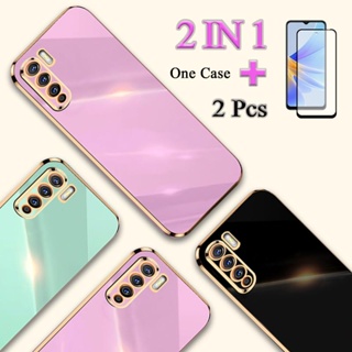 2 IN 1 เคสชุบทอง ขอบทอง พร้อมกระจกนิรภัยกันรอยหน้าจอเซรามิค ทรงโค้ง สําหรับ OPPO Reno 3 A91