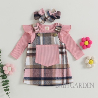 Babygarden-0-18 เดือน ชุดรอมเปอร์ แขนยาว ยาง ลายสก๊อต และชุดเอี๊ยม ที่คาดผม ฤดูใบไม้ร่วง สําหรับเด็กผู้หญิง