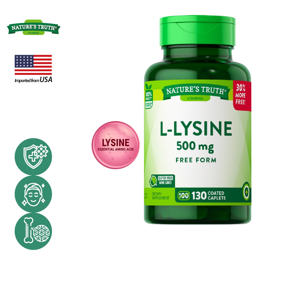 เนเจอร์ ทรูทร์ แอล-ไลซีน 500 mg x 130 เม็ด Nature’s, Truth L-Lysine Amino Acid/ กินร่วมกับ บีซีเอเอ 