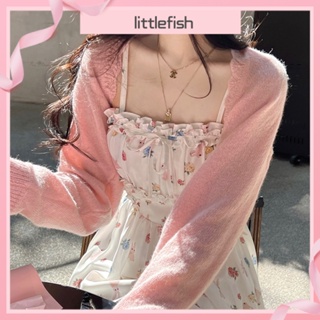 [littlefish] เสื้อคาร์ดิแกน กระโปรงทรงเอ ลายดอกไม้ สไตล์ฝรั่งเศส หรูหรา สีชมพูอ่อน เหมาะกับฤดูร้อน สําหรับผู้หญิง