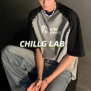 CHILLG LAB เสื้อยืดอินเทรนด์แบรนด์ American splicing plug-in แขนสั้นผู้ชายฤดูร้อนการออกแบบความรู้สึกช่องเพชรออกแบบพิมพ์ด้านบน