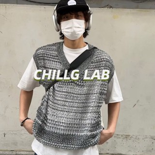 CHILLG LAB เสื้อถักคอวีเทรนด์ 2022 เสื้อสวมหัวแฟชั่นลำลองผู้ชายแขนกุดสีทึบฤดูใบไม้ร่วงวรรณกรรมเยาวชนยอดนิยม