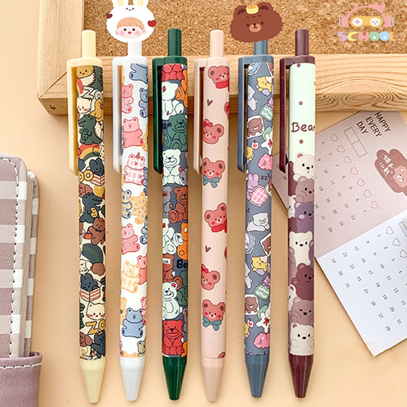 6 ชิ้น ปากกาเจล 0.5 มม. ลายการ์ตูนหมีน่ารัก แบบพกพา สีดํา