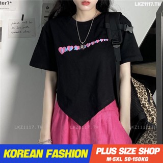 Plus size เสื้อผ้าสาวอวบ❤ เสื้อยืดสาวอวบอ้วน ไซส์ใหญ่ ผู้หญิง เสื้อยืดครอป ทรงหลวม แขนสั้น คอกลม สีดำ ฤดูร้อน สไตล์เกาหลีแฟชั่น