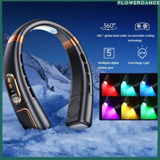 Neck Fan Cooler 6000mah 2023, 5-speed Portable Fan Air Conditioner Mini Hands Free Led Display Bladeless Fan 7 Color Led Light Hands-free Neck Fan ดอกไม้