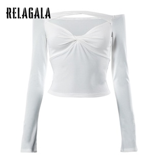 Relagala ใหม่ เสื้อยืดลําลอง แขนยาว คอเดียว ฉลุลาย สีพื้น แฟชั่นสําหรับสตรี 2023