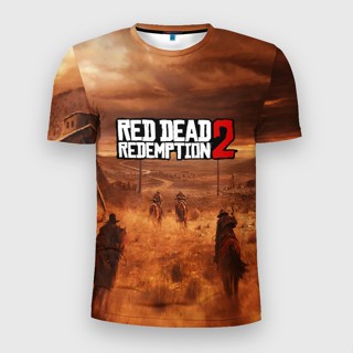 เสื้อยืดผู้ชาย 3D เข้ารูป สีแดง DEAD REDEMPTION 2