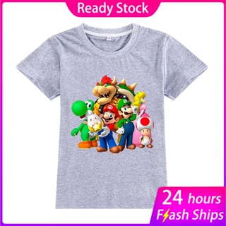 เสื้อยืดแขนสั้นลําลอง ผ้าฝ้าย 100% พิมพ์ลาย Super Mario สไตล์สปอร์ต สําหรับเด็กผู้ชาย และเด็กผู้หญิง