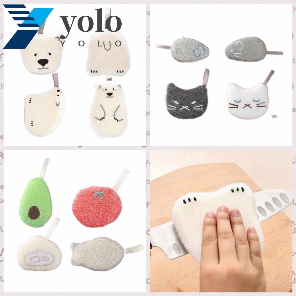 YOLO ฟองน้ําล้างจาน 4 ชิ้น, ผ้าทําความสะอาด ใช้ซ้ําได้, ทนทาน ไม่หลุด ผ้าเช็ดจาน แบบไม่ติด หนา สําหรับครัวเรือน