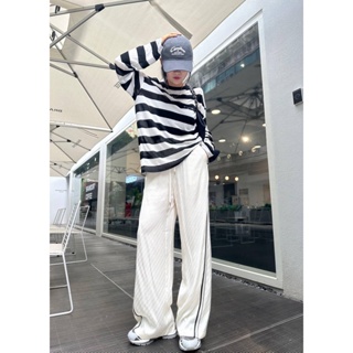 D7XY CEL * N 2023 spring and summer new side stitching ribbon design letter jacquard high waist wide leg pants womens casual pants fashion