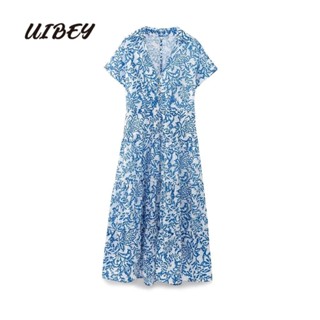 Uibey ชุดเดรสแฟชั่น คอวี ปักลาย เอวสูง 3377