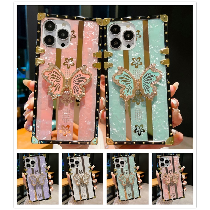 เคสโทรศัพท์มือถือ ทรงสี่เหลี่ยม กันกระแทก ลายผีเสื้อ ประดับเพชร พร้อมแหวนนิ้ว หรูหรา สําหรับ iPhone 14 13 12 PRO MAX XR iPhone14 PLUS iPhone13 iPhone12 MINI PRO MAX