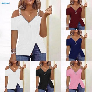 【HODRD】Chic Short Sleeve Womens Blouse Tops with V Neck and Cold Shoulder in Plus Size【Fashion】