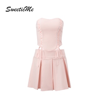 Sweeticme ใหม่ ชุดกระโปรงสั้น เอวต่ํา ผูกเชือก สีพื้น เซ็กซี่ แฟชั่นสําหรับสตรี 2023