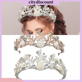 &lt;citydiscount&gt;  มงกุฎดอกไม้ ใบไม้ ประดับเพชรเทียม แวววาว หรูหรา เครื่องประดับผมเจ้าสาว