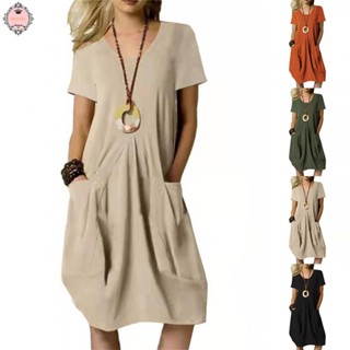 Womens Summer Loose Fit Dress Ladies Short Sleeve Cotton Linen Casual Sundress