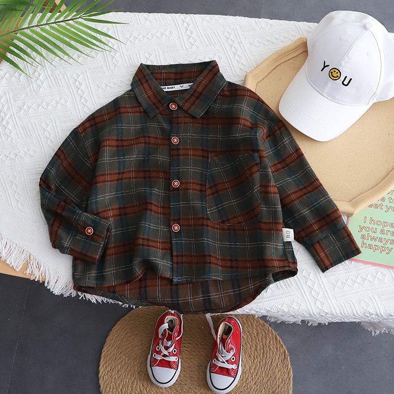 เสื้อเชิ้ตแขนยาว ลายสก๊อต ทรงหลวม สไตล์เกาหลี แฟชั่นฤดูใบไม้ผลิ สําหรับเด็กผู้ชาย 2023