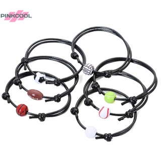 Pinkcool สร้อยข้อมือเชือกถัก รูปลูกบาสเก็ตบอล รักบี้ วอลเลย์บอล ปรับได้ กันน้ํา สีดํา สําหรับผู้ชาย