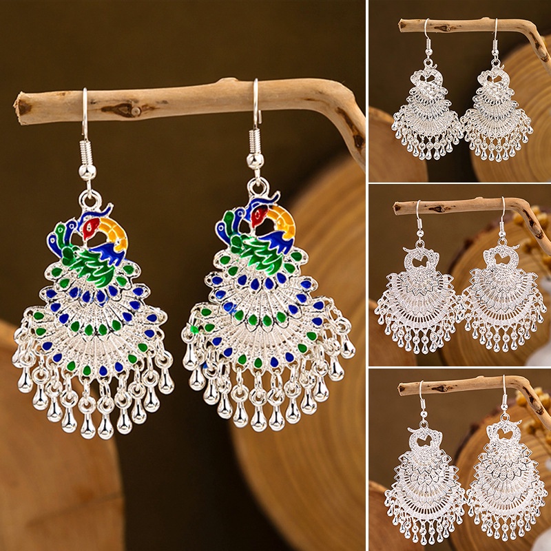 ชุดต่างหูอินเดียต่างหูอนิเมะนกยูง Anting Perempuan Subang Tudung ต่างหูเงิน 2023 แฟชั่นตะขอ Earing