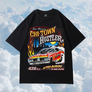 เสื้อยืดสีขาวเสื้อยืด พิมพ์ลาย Nascar CHI TOWN HUSTLER สําหรับผู้ชายS-4XL