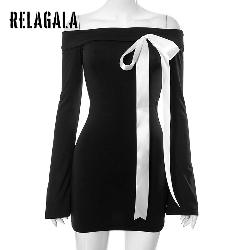 RelaGala ผู้หญิงแฟชั่นใหม่ Casual Simple แขนยาวไหล่ Bow Slim Hip Wrap Dress — صورة 6