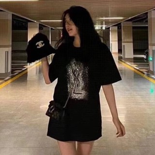 เสื้อ+ กล่อง + ถุง SAINT LAURENT CRYSTAL T-SHIRT เสื้อยืด แขนสั้น ผ้าสวย ทรงoversize งานรีดเพชร วายเอสแอล