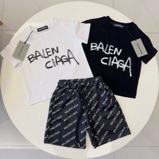 【With Brandtag】balenclaga เสื้อยืดแขนสั้น กางเกงขาสั้น ผ้าฝ้าย แฟชั่น สําหรับเด็กผู้ชาย ผู้หญิง อายุ 1-12 ปี