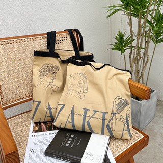 Zakka กระเป๋าเป้สะพายหลัง กระเป๋านักเรียน ผ้าแคนวาส ขนาดใหญ่ ลายศิลปะแอปสแตรกท์ สไตล์เรโทร สําหรับเด็กผู้หญิง