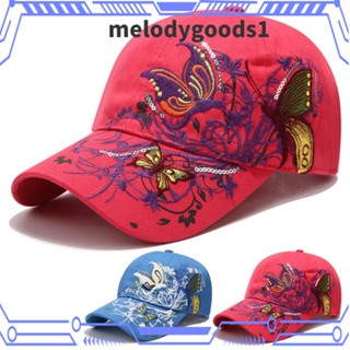 Melodygoods1 หมวกเบสบอลแฟชั่น ผ้าฝ้าย ปรับได้ ลายผีเสื้อ สําหรับสุภาพสตรี