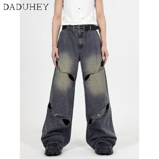DaDuHey🔥 Mens American Style Hip Hop High Street Retro Washed Ripped Jeans 2023 Summer Trendy Fashion Loose Straight Casual Pants