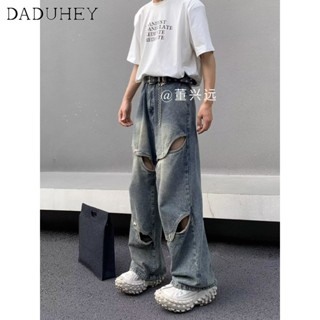 DaDuHey🔥 Mens Hip Hop Vibe Style High Street Retro Washed Ripped Casual Pants 2023 American Style Summer Ins Trendy Fashion Loose Straight Jeans