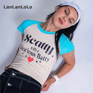 Lanlanlolo เสื้อยืดลําลอง แขนสั้น คอกลม พิมพ์ลาย สําหรับสตรี 2023